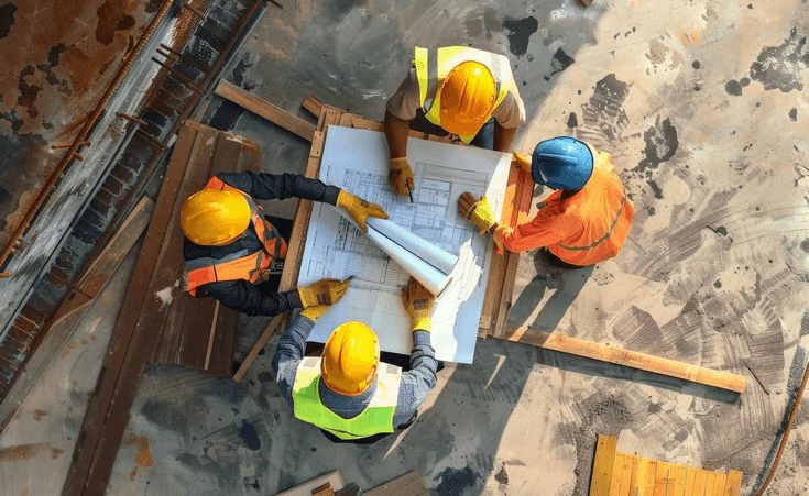 Industrial engineering team reviewing technical drawings at a plant site